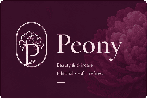 Peony brand identity generated by Idelio - Beauty & skincare · editorial, soft, refined